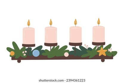 Adventkreathen mit vier Kerzen.Komplett mit Xmas-Dekor, Baubles und Branches.Deutsch traditionelles Dekor für Winter- und Urlaubszeit.Vektorgrafik auf weißem Hintergrund