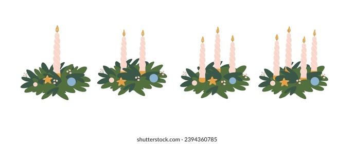 Advent Wreaths with One,Two,Three and Four Candles.Complete with Xmas Decor,Baubles and Branches.German traditional decoration for winter and holidays time.Vector illustration in flat style