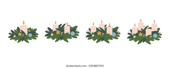 Advent Wreaths with One,Two,Three and Four Candles.Complete with Xmas Decor,Baubles and Branches.German traditional decoration for winter and holidays time.Vector illustration in flat style