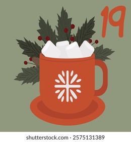 Advent-Christmas calendar, cup of cocoa and marshmallows. A greeting card for printing. Vector illustration.