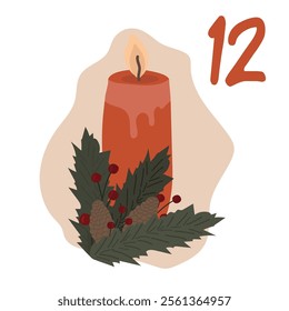 Advent-Christmas calendar for December 12, a burning candle with fir branches, cones and berries. A greeting card for printing. Vector illustration.