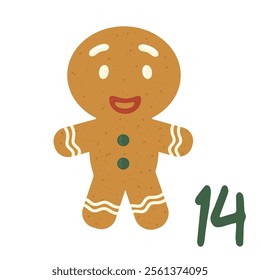 Advent-Christmas calendar, gingerbread man. A greeting card for printing. Vector illustration.