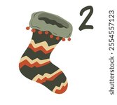 Advent-Christmas calendar on December 2, Christmas sock with a pattern. a greeting card for printing.
Vector illustration