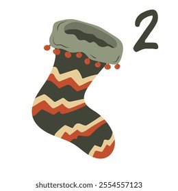 Advent-Christmas calendar on December 2, Christmas sock with a pattern. a greeting card for printing.
Vector illustration