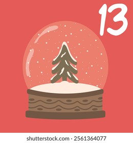 Advent-Christmas calendar, snow globe. A greeting card for printing. Vector illustration.