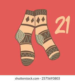 Advent-Christmas calendar, warm, knitted and cozy socks. A greeting card for printing. Vector illustration