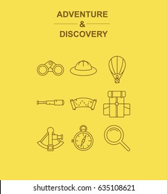 Adventrue & Discovery 12 Icons Pack With Sextant, Adventurer's Hat, Binoculars,  Aerostat, Spyglass, Treasure Map,camping Backpack, Compass