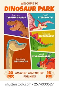 Adventure amusement dinosaurs park retro poster with tyrannosaurus, stegosaurus, pterodactyl, diplodocus and styracosaurus dino animals. Vector flyer promoting exciting and amazing adventures for kids