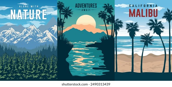 Adventure await colorful set posters with northern taiga and southern sea coast or Malibu beach vector illustration