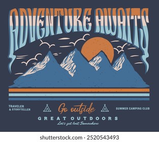 Aventura aguarda arte. Clube de acampamento de verão de montanha. Aventura na montanha arte gráfica para t-shirt e outros.