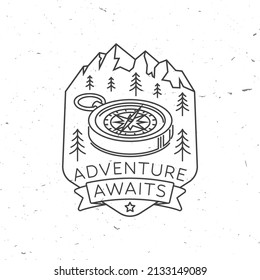 Adventure awaits. Camping quote. Vector illustration Concept for shirt or logo, print, stamp or tee. Vintage line art design with 3d compass and mountain silhouette.