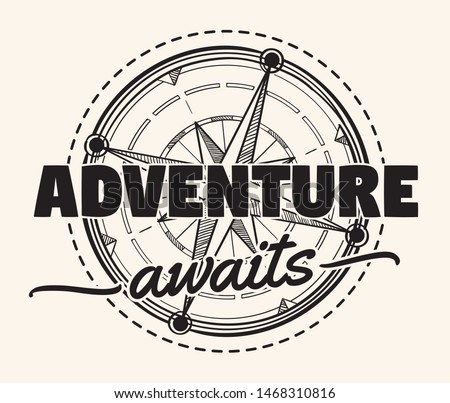 Adventure awaits - compass wind rose decorative monochrome emblem