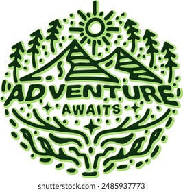 Adventure Awaits design illustration . Vector illustration for T-shirt graphics, prints, posters, bags, stickers and other uses