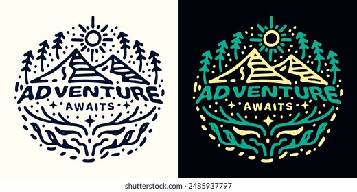 Adventure Awaits design illustration . Vector illustration for T-shirt graphics, prints, posters, bags, stickers and other uses