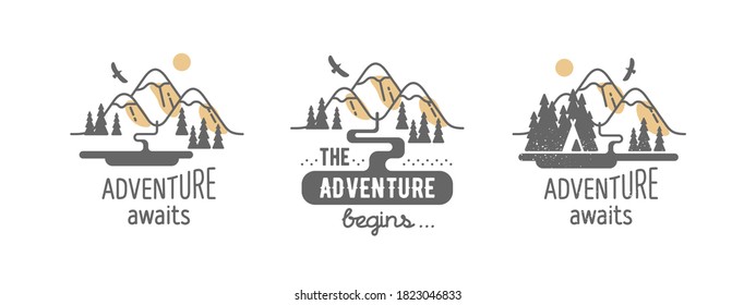 Adventure awaits. Elements for greeting cards, posters and t-shirts printing. Vector illustration.