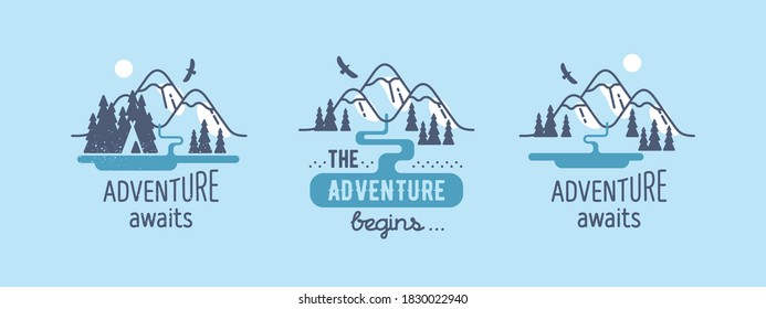 Adventure awaits. Elements for greeting cards, posters and t-shirts printing. Vector illustration.