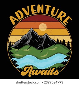 
Adventure Awaits graphic artwork for prints, t-shirt, mug, poster, and many other tasks. Mountain with tree retro vintage print design.