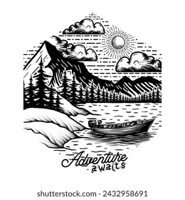 Adventure awaits hand drawn line art t shirt design illustration by graphic tablet