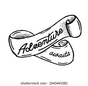 Adventure awaits. Hand drawn sketch ribbon. Old style banner drawing. Vector Illustration
