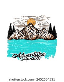 Adventure awaits hand-drawn outdoor vector t shirt design illustration