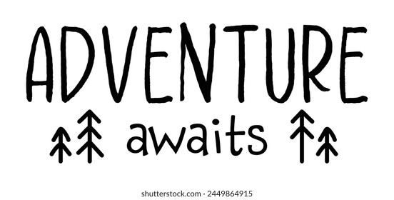 Adventure Awaits Handwritten Lettering Doodle Forest Trees Camping Concept