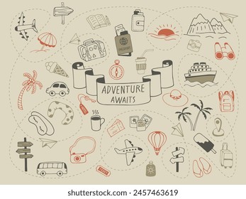 La aventura espera. Conjunto de iconos de Elementos para viajes de vacaciones de verano, garabatos de Vector dibujados a mano en estilo boceto.