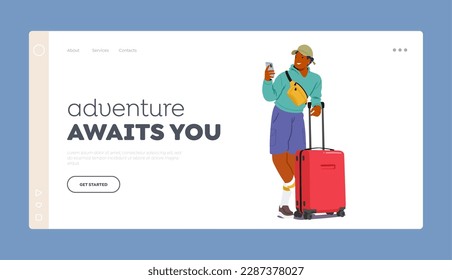 Adventure Awaits Landing Page Template. Young Man Stand with Suitcase And Phone In His Hands. Concept of Travel, Wanderlust, And Being On The Move for Travel Products. Cartoon Vector Illustration