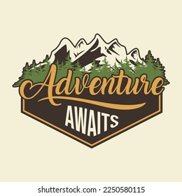 Adventure Awaits letter nature emblem template background. Vector illustration