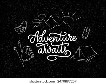 Adventure awaits lettering composition in line style. Vector illustration.