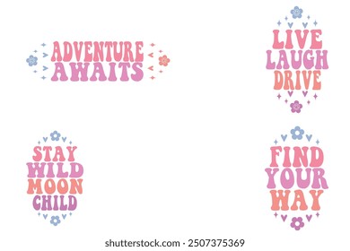 Adventure Awaits, Live Laugh Drive, Stay Wild Moon Child, Find Your Way keychain designs