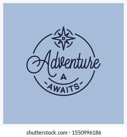 Adventure awaits logo. Round linear logo of adventure compass on blue background