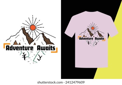 Adventure awaits . Mountain illustration, outdoor adventure . Vector graphic for t shirt and other uses. Outdoor Adventure Inspiring Motivation Quote. Vector Typography Free Vector