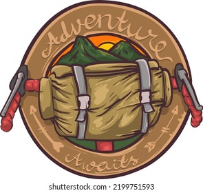 adventure awaits. mountains behind handlebar bag luggage for bike packing vector illustration