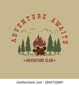 Adventure awaits. Mountains illustration with campfire. Design element for poster, card, banner, t shirt. Vector illustration