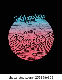 Aventura espera en las montañas con ilustración de diseño de camiseta de dibujo de lago para los amantes de los viajes