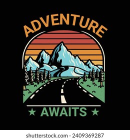 Adventure Awaits, Adventure, Outdoors, Hiking, Camping Vintage T-Shirt Design