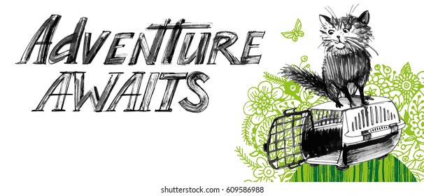 Adventure Awaits. Place Your Cat In A Carry Cage And Forward Towards Adventure. Color. Vector.
