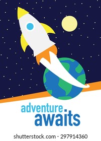 Adventure Awaits - Rocket ship over dark blue sky with stars