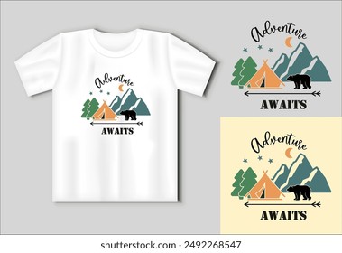 Adventure awaits. Round sign. Inspirational positive quote, motivational. Camping concept with t shirts mockup