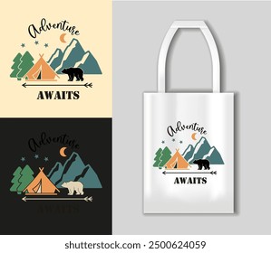 Adventure awaits. Round sign. Inspirational positive quote, motivational. Camping concept with tote bag mockup