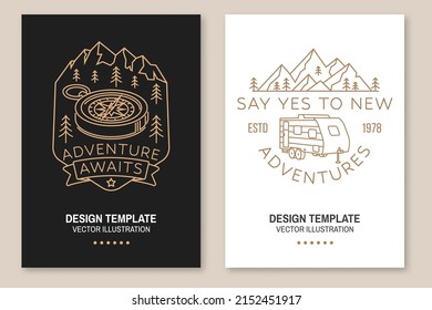 Adventure awaits. Say yes to new adventure. Live, love, camp. Camping quote. Vector. Line art flyer, brochure, banner, poster design with 3d compass, camper trailer and mountain.