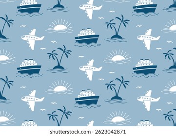 Adventure Awaits. Seamless pattern with palm, ship, airplane, sun for summer vacation travel. Hand drawn vector doodles
