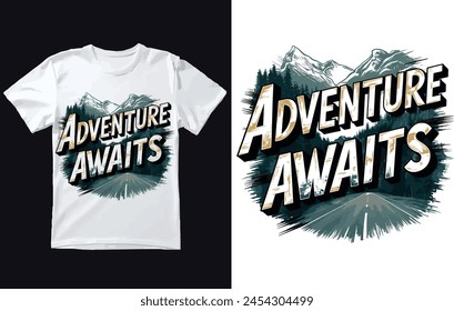 Adventure awaits t shirt design. mountains and camping vector.
