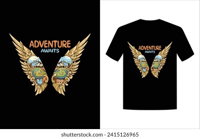 Abenteuer erwartet Text mit einem Paar Flügel-Design Illustrationen. Vektorgrafik für T-Shirt-Ausdrucke, Poster und andere Verwendungen.