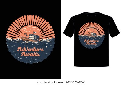 Adventure awaits text with a small boat riding the crest. Vector graphic for t-shirt prints, posters and other uses.