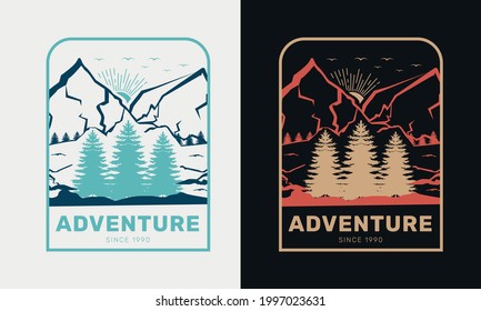 adventure awaits trees with mountains and sun rise camping logo label emblem with colour variant for t-shirt design and many others, vector illustration
