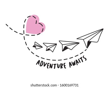 Adventure Awaits. Valentines Paper Plane and Heart Design on White Background