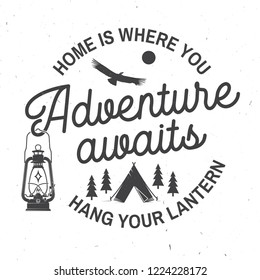 Adventure awaits. Vector illustration. Concept for badge, shirt or logo, print, stamp or tee. Vintage typography design with campin tent, lantern, condor and forest silhouette.