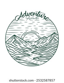 La aventura espera la línea de Antiguas que dibuja la montaña con la ilustración del diseño de la camiseta del lago para los amantes del viaje