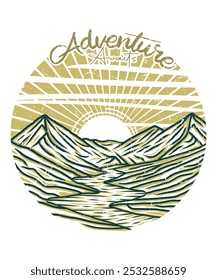 Aventura le espera a la montaña de Antiguas con la Ilustración vectorial de diseño de camiseta de la playa del lago para los amantes de los viajes